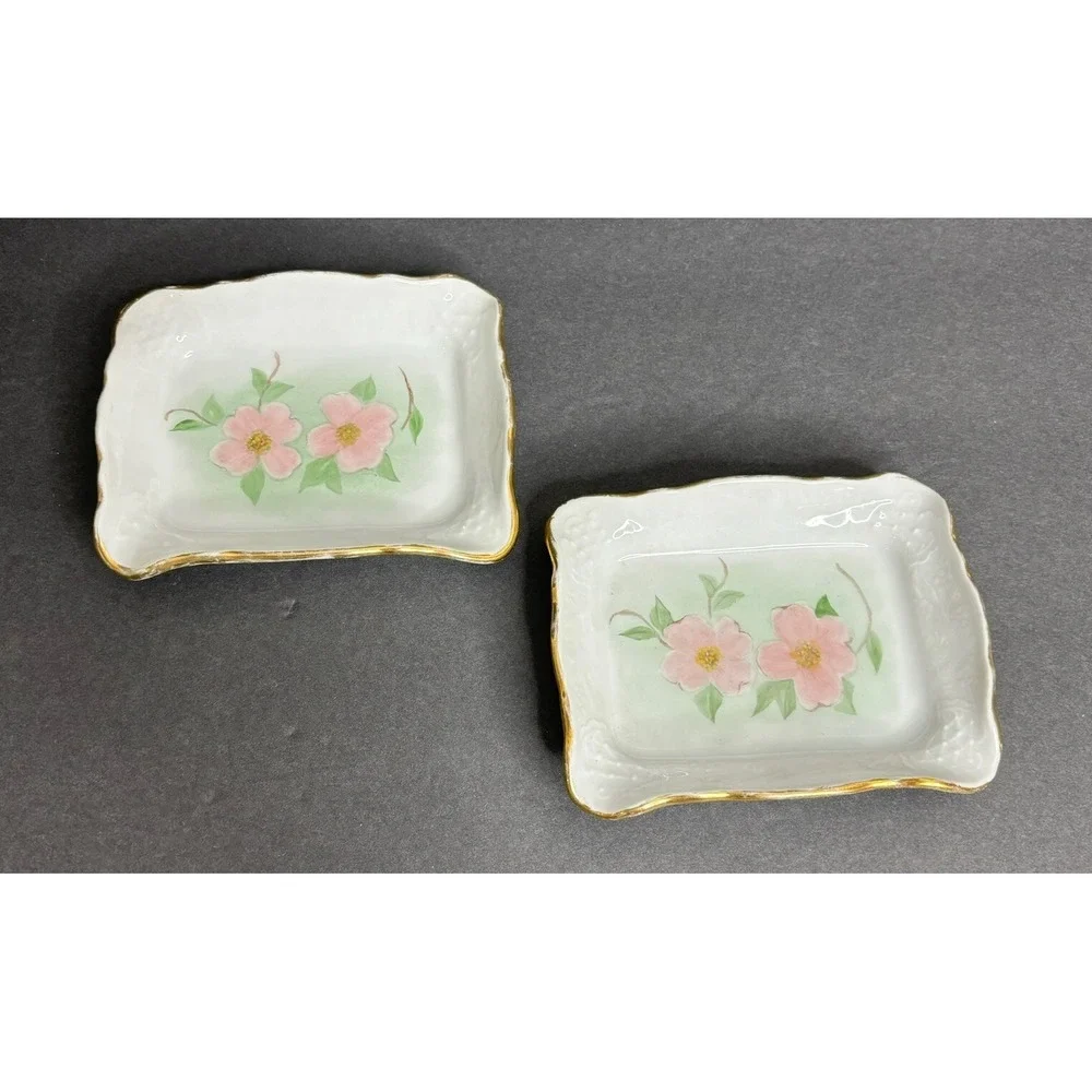 2 Schumann Trinket Pin Dishes Rose Pink Floral Hand Painted Signed 1952